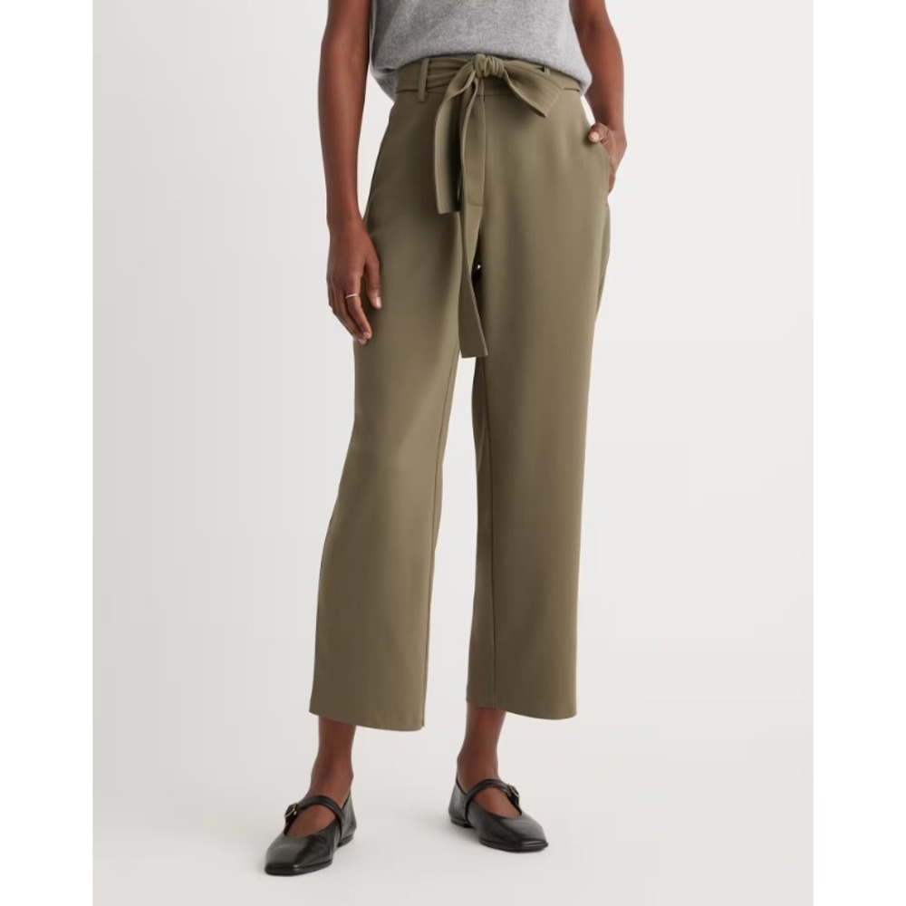 Quince Womens Stretch‎ Crepe Paperbag Pants Belted Cropped In Olive Size 12